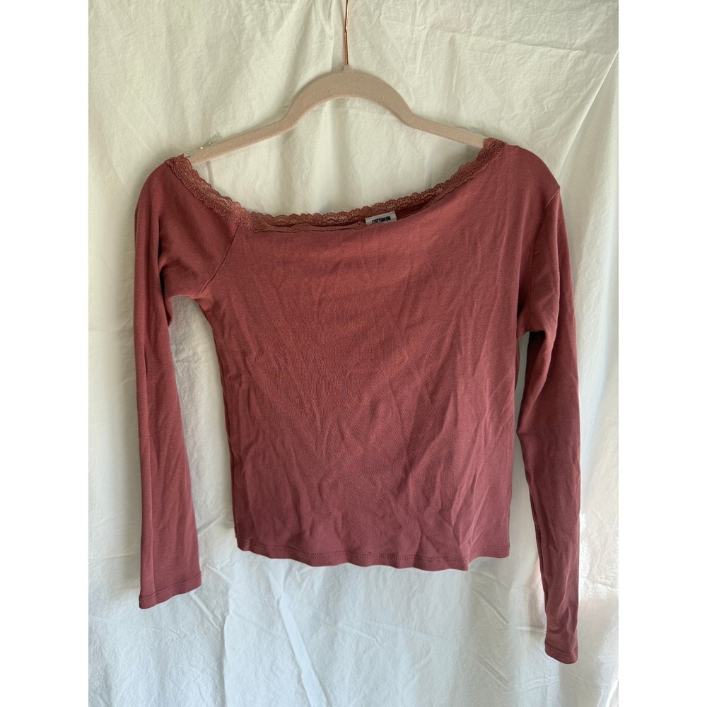 Cotton On Womens Mauve Lace Trim Off Shoulder Long Sleeve Ribbed Knit Top Size M